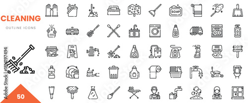 A collection of minimalist outline icons representing cleaning tools and supplies.