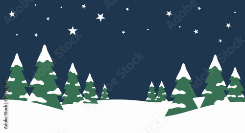 A serene winter landscape with snow-covered evergreen trees under a starry night sky.