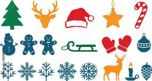 Scandinavian Christmas icon set, tree branches, snowflake motifs, deer, candle, pine cone, Scandinavian style with traditional Christmas and New Year elements, Knitted print. Vector illustration. 