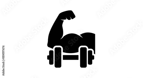 Black silhouette icon of a flexed bicep arm over a dumbbell representing strength and fitness.