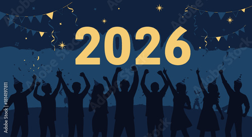 Celebratory image featuring the year 2026 with silhouettes of people celebrating under a festive sky.