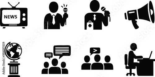 Media communication icons set with news, reporter, microphone, megaphone, globe, discussion, video, and office worker vector illustration