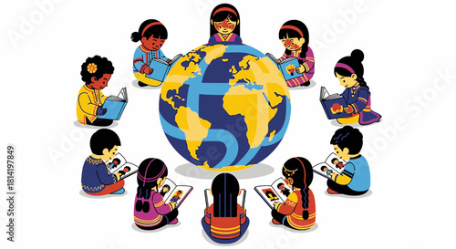 Diverse children from around the world reading books together in a circle around a globe.