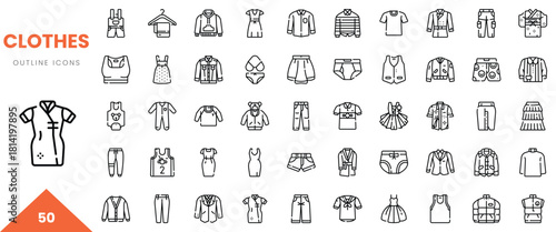 A variety of clothing outline icons including dresses, shirts, and swimwear in a minimalist design.