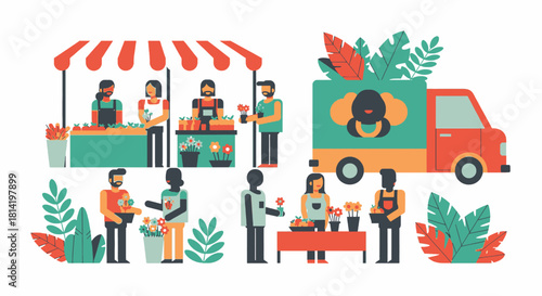 Illustration depicting a flower market with vendors, customers, and a delivery truck.