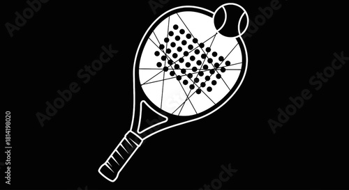 A minimalist white line art illustration of a padel racket and a ball on a solid black background.