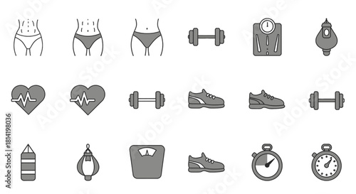 A comprehensive set of grayscale line art icons depicting various fitness, health, and workout elements, including exercise equipment and body shapes.
