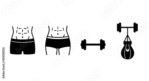 Illustrative depiction of fitness and exercise, showcasing body shapes and workout equipment.