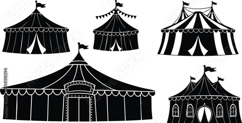 Circus tents silhouettes collection with flags and striped patterns vector illustration design