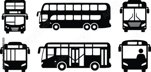 Public transport bus icons vector set with various bus designs for urban transit and travel illustration
