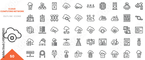 Outlined icons representing cloud computing network concepts in a minimalist style.