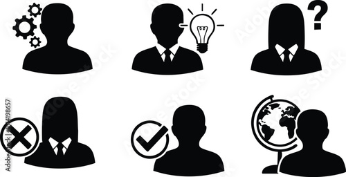 Business decision making icons set with silhouettes, question and check marks, globe and light bulb ideas illustration