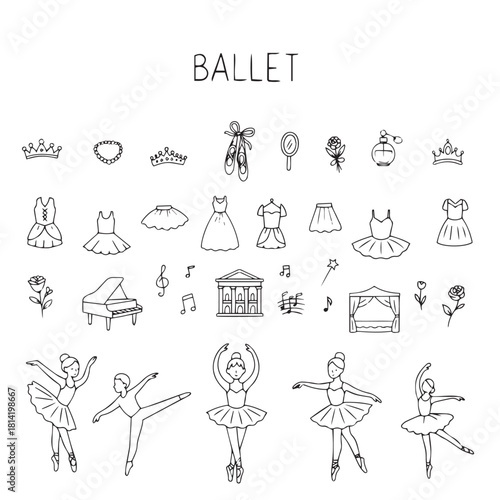 A set of ballet-themed icons featuring dancers in various poses, pointe shoes, tutus, and musical elements,