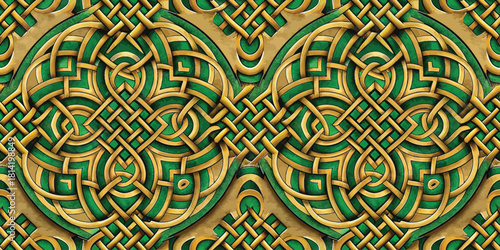 Intricate green and gold Celtic knot pattern, evoking harmony and creativity.