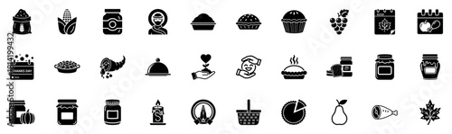 Black and White Thanksgiving, Harvest, Autumn Food, and Holiday Icon Collection