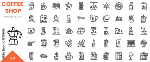 A collection of coffee shop outline icons showcasing various coffee-making tools and ingredients.