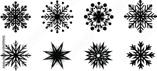 Black snowflake icons vector set with eight unique winter snow designs for seasonal decoration and holiday themes