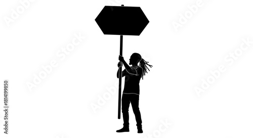 Powerful silhouette of person with dreadlocks holding blank sign, perfect for social commentary, political statements, or bold announcements, ready for your message