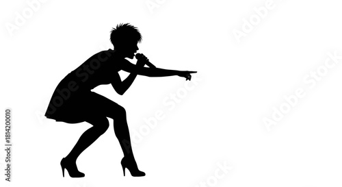 Dynamic silhouette of singer performing with passion, mic in hand, high heels, capturing musical energy and stage presence, a true popstar moment