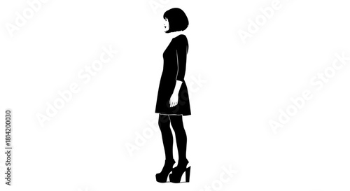 Stylish woman with bob haircut in black dress and platform heels striking a pose, a modern and elegant fashion illustration for designers and stylists
