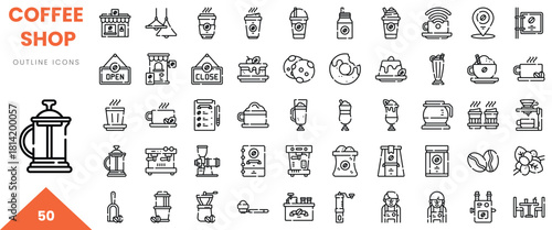 A collection of 50 outline icons representing various elements of a coffee shop.