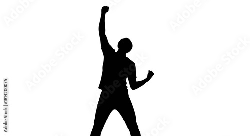 Silhouette of a man celebrating success with fist raised high, conveying triumph, achievement, and victory against a crisp, clean white backdrop