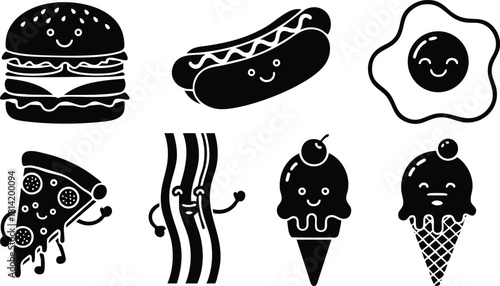 Cute cartoon food icons with burger hotdog fried egg pizza bacon ice cream cones vector illustration