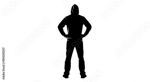 Intense silhouette of hooded figure standing strong, perfect for crime thriller, mystery novel cover, or urban design project with a rebellious, edgy feel