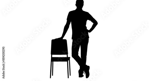 Sleek silhouette of a man leaning casually against a chair isolated on white, perfect for design mockups and creative projects requiring a minimalist aesthetic