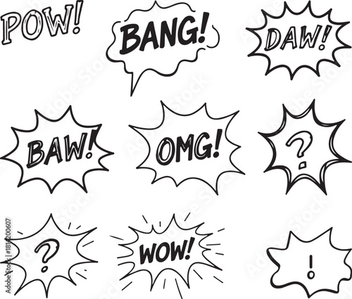 Hand drawn comic book sound effect and exclamation bubbles