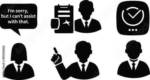 Business professional silhouette icons with clipboard, speech bubble, clock, and gestures vector illustration