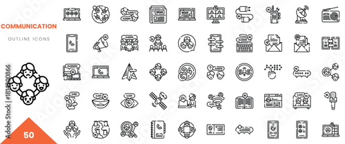 A diverse collection of outline icons representing various aspects of communication and technology.