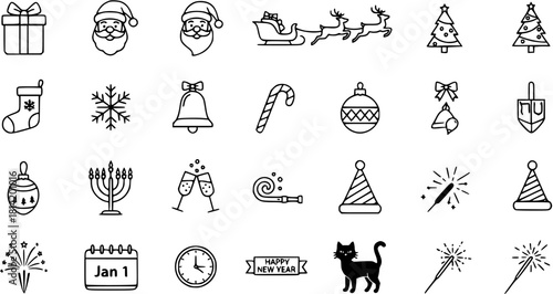 Holiday Icons: Festive Collection of Christmas, New Year, and Hanukkah Vector Symbols for Celebration and Design