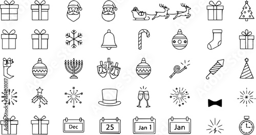 Holiday Icons: Christmas, New Year, Hanukkah Celebration Symbols - Vector Line Art