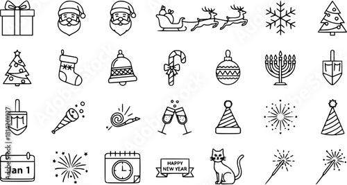 Festive Line Art: Christmas  New Year Icons - Santa, Gifts, Trees, Fireworks,  Hanukkah Symbols in Clean Vector Style
