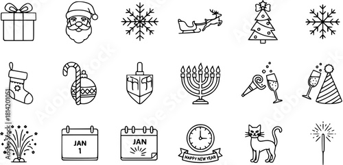 Holiday Season Icons: Christmas, Hanukkah, New Year's, and Winter Celebrations Vector Collection