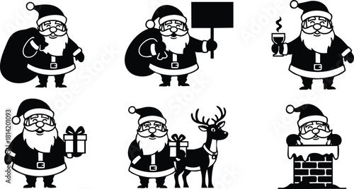 Santa Claus black silhouette icons with sack gifts reindeer chimney coffee cup vector illustration