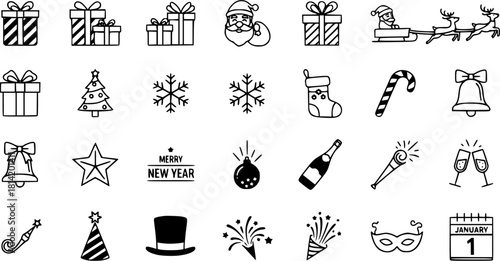 Outline Christmas and New Year's Eve Holiday Celebration Icons Set - Vector Graphic Elements