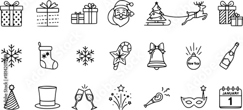 Christmas and New Year Holiday Celebration Icons Vector Set. Outline Line Art Collection of Festive Symbols: Santa Claus, Gifts, Tree, Snowflakes, Champagne, Party Hats  More.