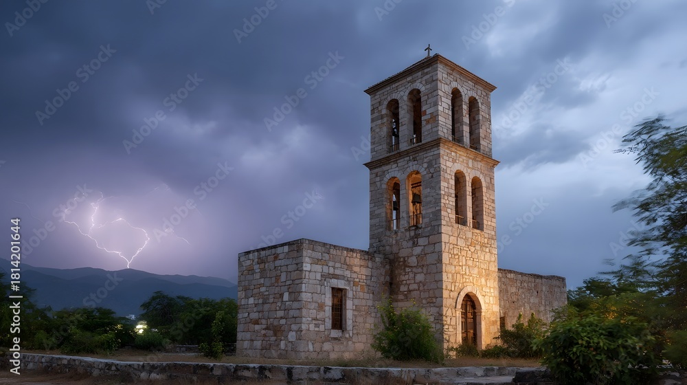 Fototapeta premium A dramatic stone church tower stands against a dark stormy twilight sky with lightning striking in the distant mountains