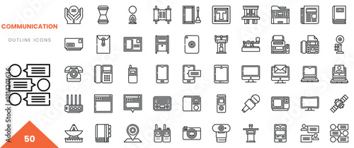 Set of 50 outline icons representing various communication devices and tools.