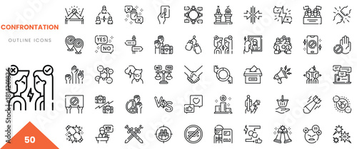 A collection of outline icons illustrating confrontation themes, emotions, and dialogues.