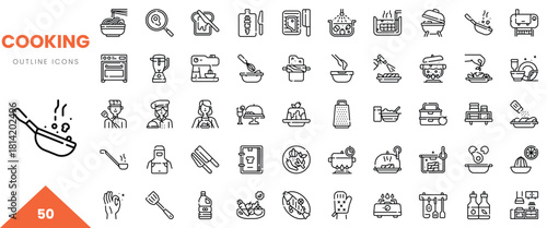 Set of 50 cooking outline icons including utensils, ingredients, and food preparation elements.