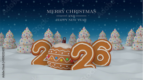 merry christmas and happy new year poster with gingerbread number 2026 and 3d gingerbread christmas ball.  2026 new year flyer