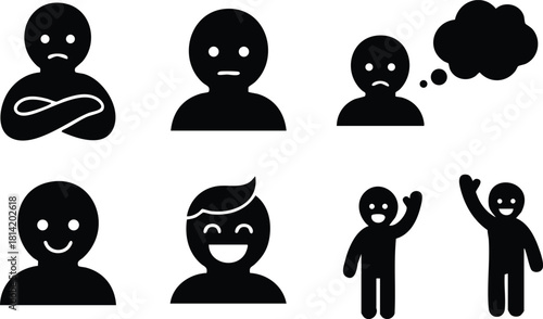 Set of diverse emoticon faces and human silhouette icons expressing various emotions and gestures vector illustration