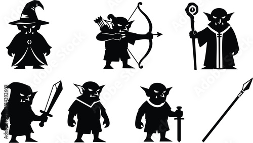 Fantasy goblin characters with weapons and wizard staff vector illustration set