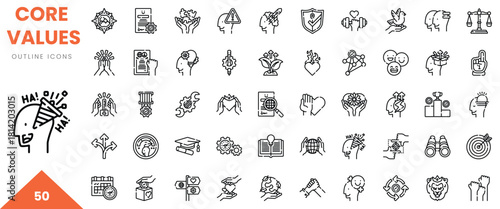 A collection of 50 outline icons representing core values in diverse themes and designs.