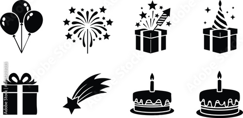 Birthday celebration icons set with balloons fireworks gifts cake and party hats vector illustration