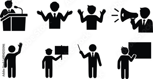 Business people presenting and speaking icons silhouette set in black vector style