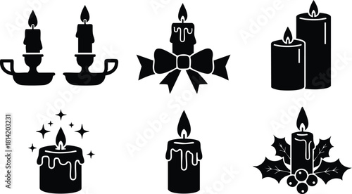 Candle silhouettes with flames and Christmas holly decoration vector set for festive holiday design